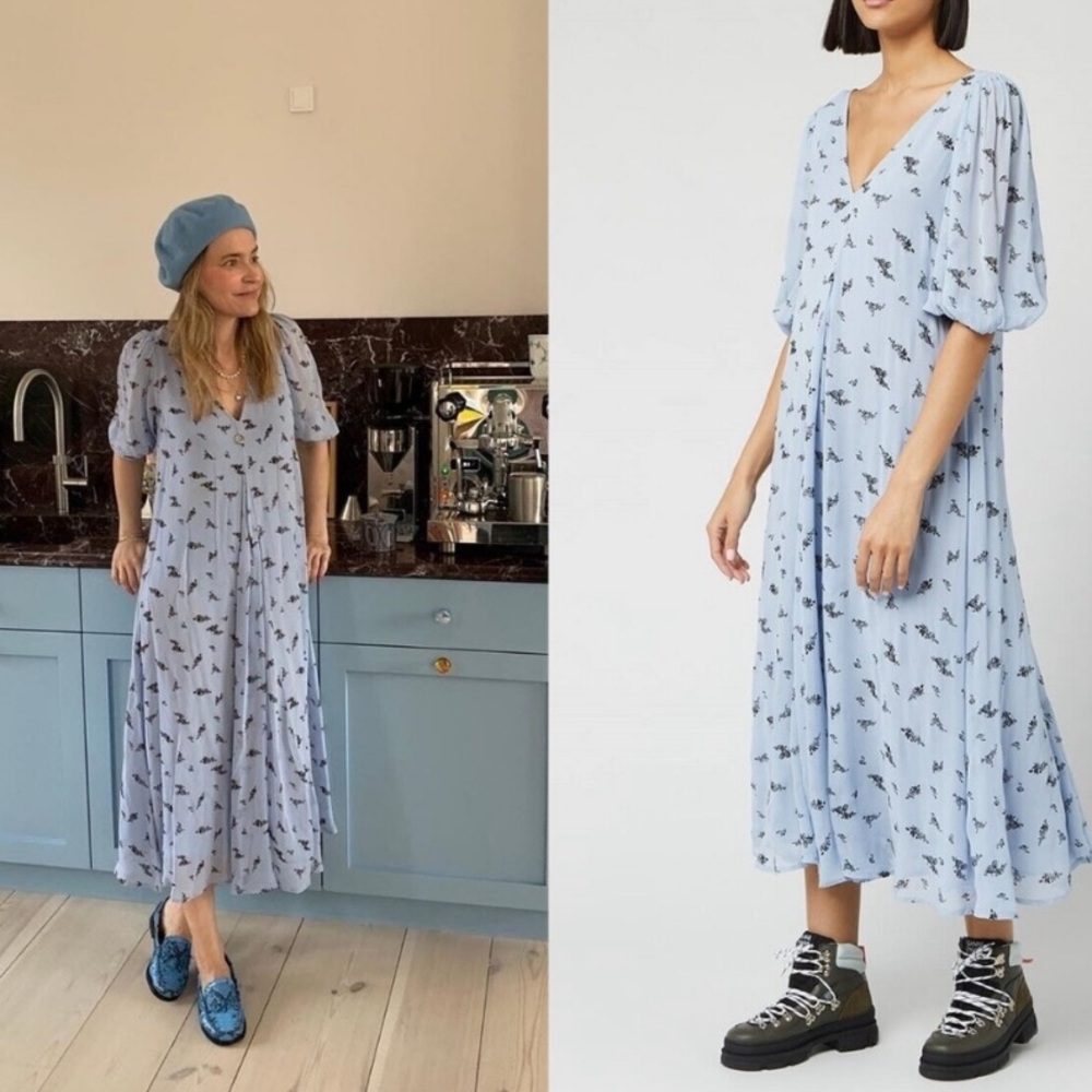 Ganni Georgette Light Blue Floral Midi Dress. Puff Sleeve. Coquette. Size 36